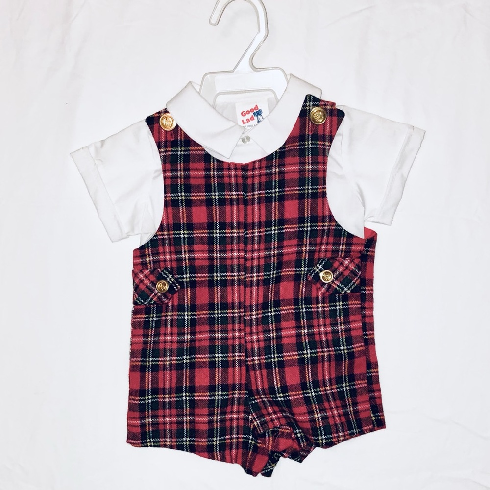 Vintage Christmas Plaid Tartan Jon Jon Romper 12 M